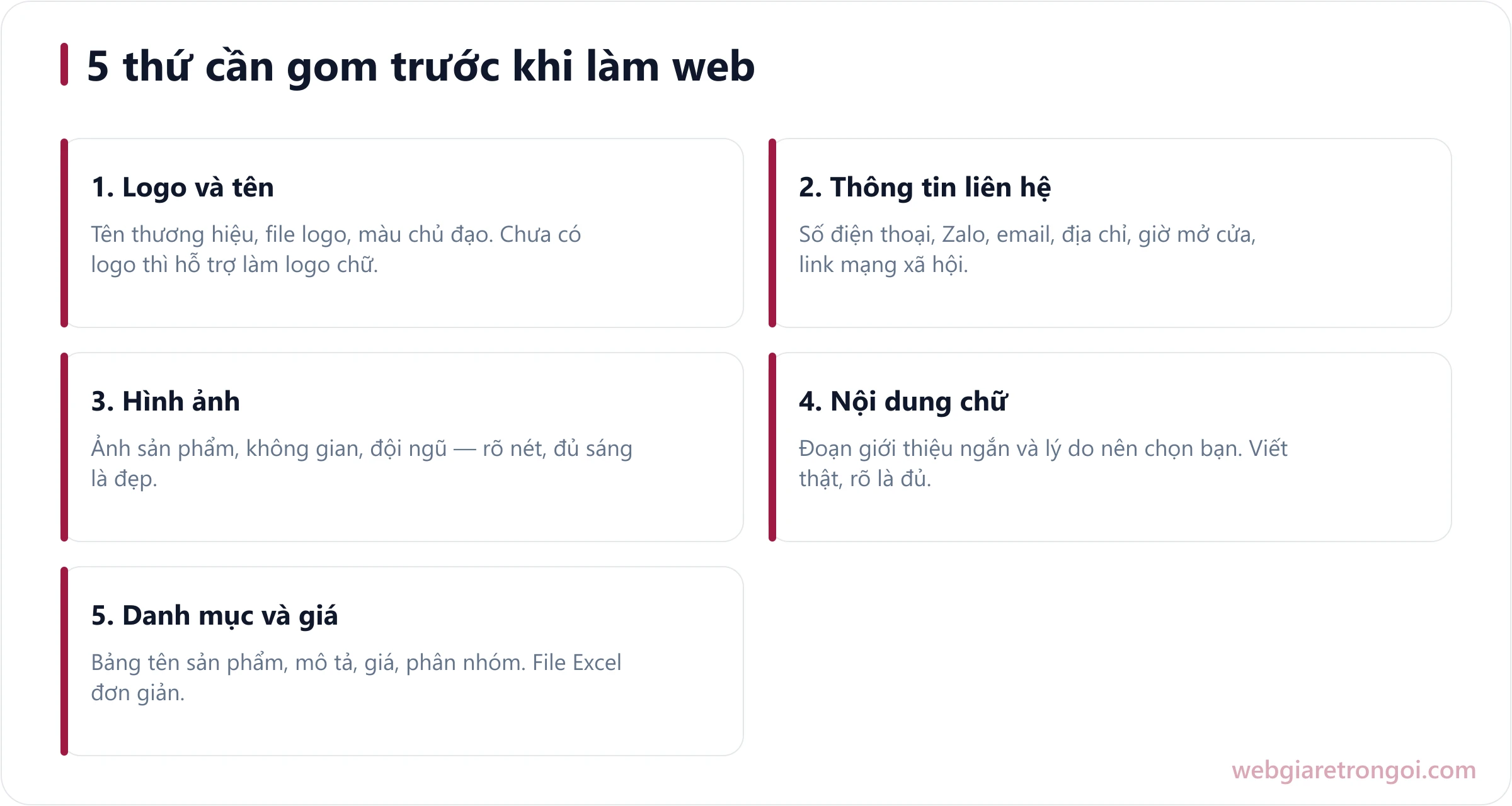 Sơ đồ 5 thứ cần chuẩn bị trước khi làm web: logo, liên hệ, hình ảnh, nội dung, danh mục sản phẩm