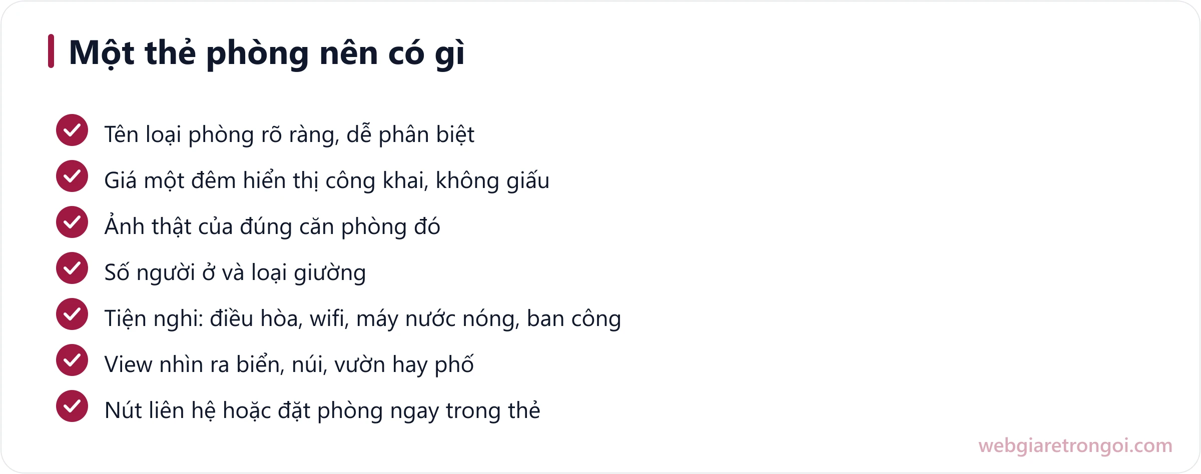 Checklist thông tin cần có trong một thẻ phòng trên web khách sạn, homestay