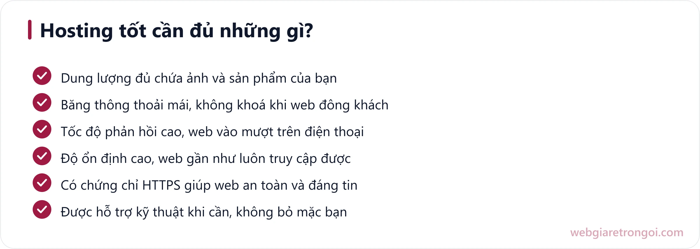 Checklist tiêu chí chọn hosting tốt cho web giá rẻ: dung lượng, băng thông, tốc độ, ổn định, HTTPS