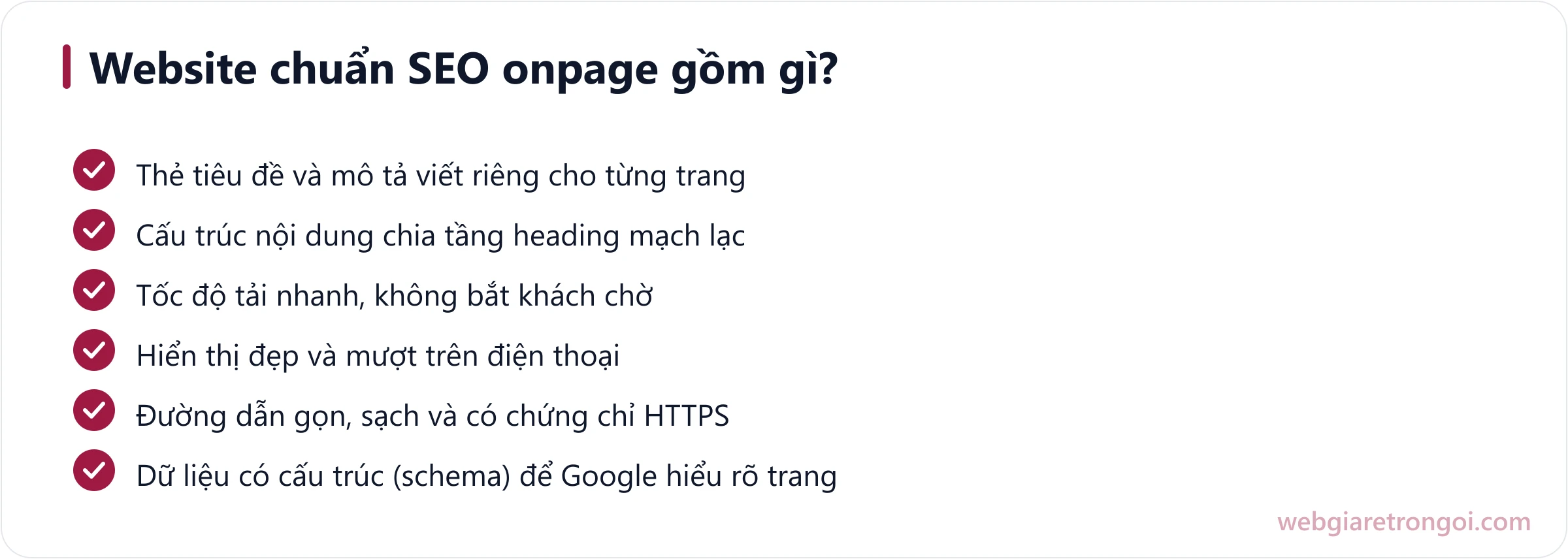 Danh sách 6 thành phần của một website chuẩn SEO onpage: tiêu đề mô tả, cấu trúc, tốc độ, mobile, đường dẫn HTTPS, schema